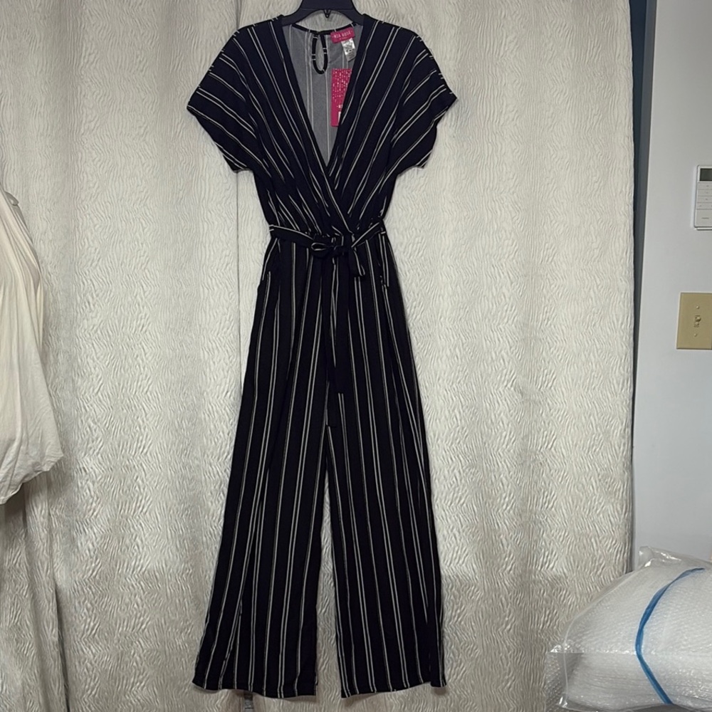 NWT- MIA Rose Black Striped Jumpsuit- Size 1XL